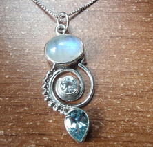 Faceted Blue Topaz and Moonstone Triple Gem 925 Sterling Silver Pendant - £13.77 GBP