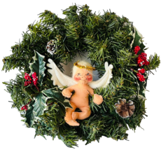 Annalee Angel Cherub Doll Sitting on Artificial 10&quot; Christmas Wreath 199... - $43.53