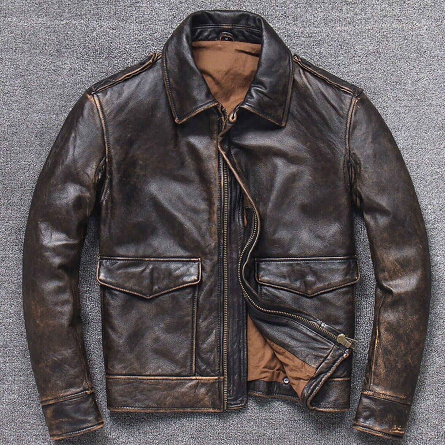 Men's A2 Aviator Pilot Flight Air Force Distressed Brown Bomber Leather Jacket