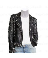 New Woman Classic Black Brando Style Silver Studded Cowhide Leather Jack... - $289.99