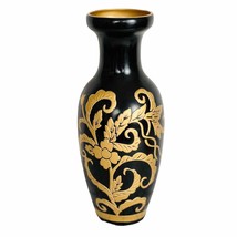 Vintage Chinese Vase Black Gold Hand Painted Floral Ornate 4.25&quot; D x 10&quot; H - £27.49 GBP