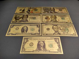 Complete 7-piece decorative US dollar banknote set: 1 - 100 dollar bill, gold co - £15.58 GBP