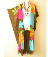 CD483 Brown Floral Kimono Rayon Batik Plus Open Duster Maxi Cardigan up ... - £22.79 GBP