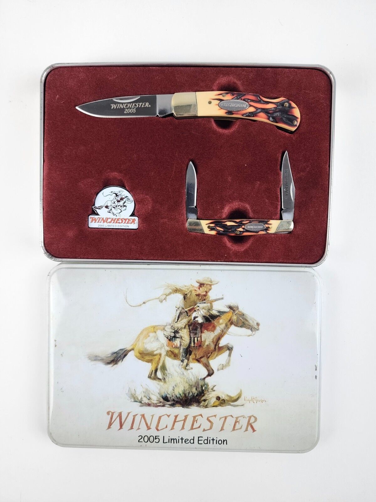 Winchester 2005 Limited Edition Stag Knife Set 2 Knives Pin Metal Tin Unused - $23.75