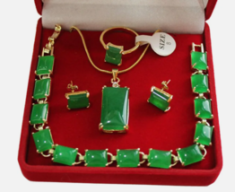 Green Jade 18K Gold Plated Pendant Necklace Bracelet Earrings Ring Jewelry Sets - £31.47 GBP