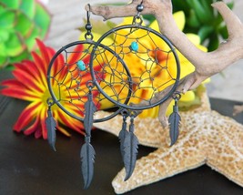 Dreamcatcher Earrings Turquoise Pierced Dangles Twisted Wire Feathers - £15.94 GBP