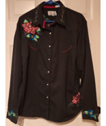 Panhandle Slim Retro Western LS Shirt Womens 1X Black Red Embroidered Pe... - $32.98