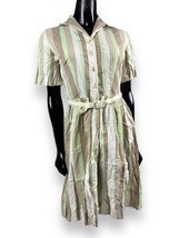 Vtg Shirtwaist Classic Pastel Green Brown Striped Day Dress Pleated Belt... - £31.26 GBP