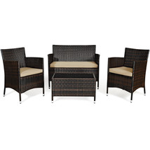 4PCS Rattan Patio Furniture Set Cushioned Sofa Chair Coffee Table Garden - £260.74 GBP