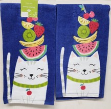 2 Same Cotton Kitchen Terry Towels (16&quot;x26&quot;) Cat &amp; Summer Fruits On Blue, Ritz - £12.68 GBP