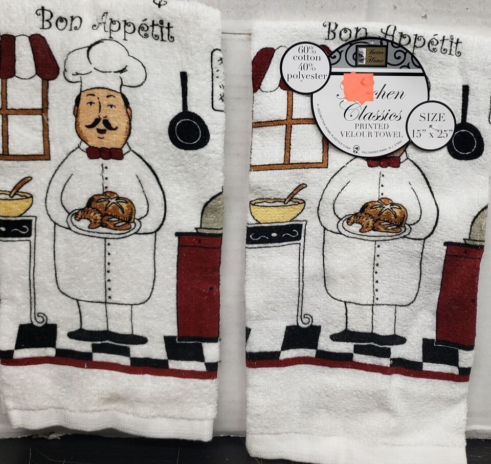 SET OF 2 SAME PRINTED KITCHEN TOWELS(15"x25")FAT CHEF W/PASTRY TRAY ON WHITE,BH - £9.48 GBP