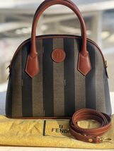 Trending..Vintage Fendi Pequin "Alma" Black/Brown Strip Canvas Satchel/M... - $899.99