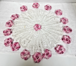 Handmade Grandma Core Crochet Pink Flower Faces Floral Doily 15.5" - $12.38