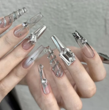 Cyberpunk style nails,Silver smudged mirror nails, lava nails,y2knails - £19.93 GBP