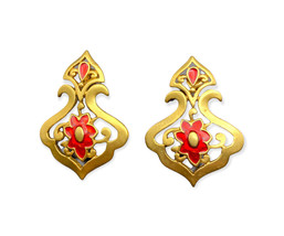 Vintage Ornate Gold Tone Red Enamel Floral  Statement Pierced Earrings AVON - £15.73 GBP