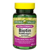 Spring Valley Extra Strength Biotin Plus Keratin Tablets 10000 mcg 60 Count - £16.58 GBP