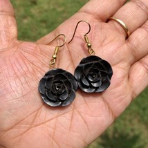 Ebony Wood Rose Flower Carved Handmade Earrings 45 mm length, D 1 - £16.81 GBP