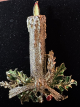 Vintage Gerry’s Christmas Candle Brooch Gold Tone Holly Leaves Red Berry... - $24.74