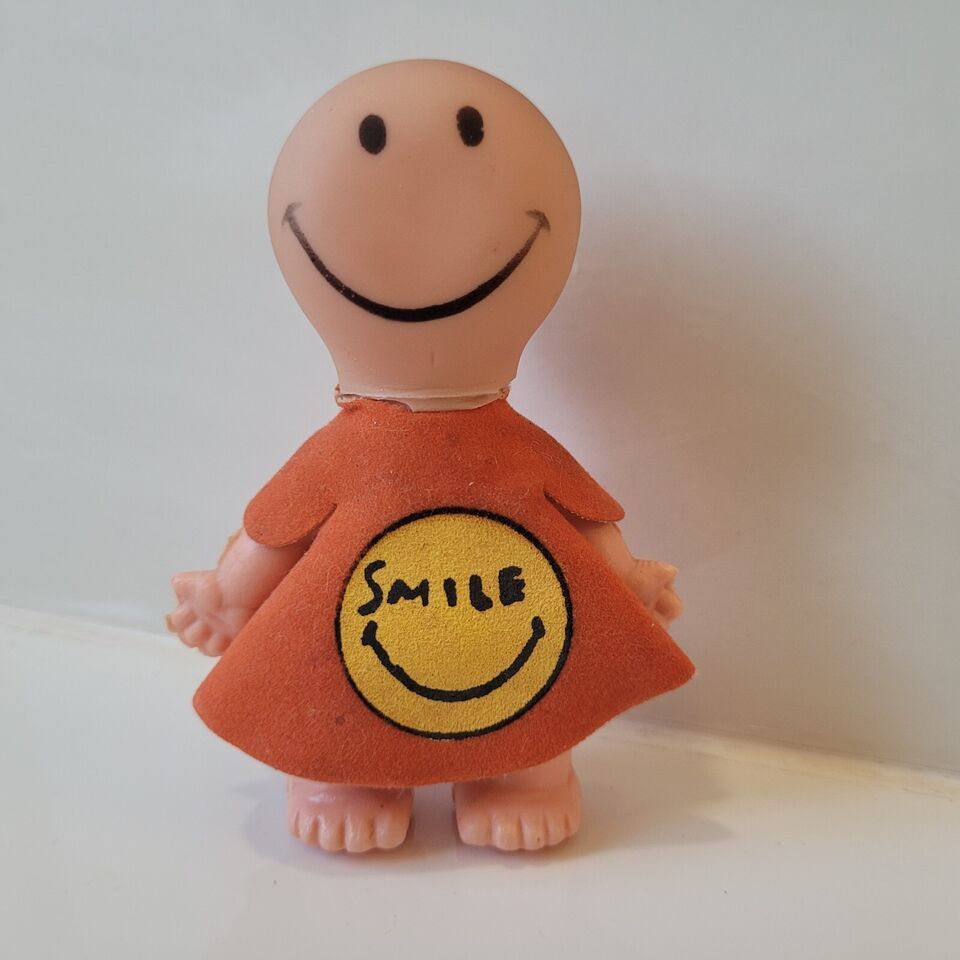 Primary image for Vintage 1965 Uneeda HaPee Wee Doll Orange Dress Happy Face Smiley 3.5"