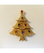 Christmas Tree Pin Brooch Vintage Rhinestones Textured Gold Metal Signed... - £23.50 GBP