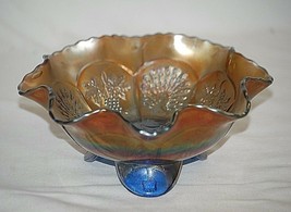 Antique Fenton Peacock &amp; Grapes Cobalt Carnival Glass Spatula Footed Bowl Wavy - £97.30 GBP
