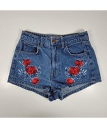 H&amp;M Coachella Denim Shorts 6 Red Rose Floral Embroidered High Waist Fest... - £12.61 GBP
