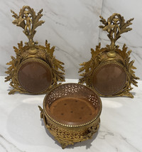 Antique Art Deco Ormolu Amber Glass Cherub Perfume Bottle &amp; Jewelry Box Decor - $488.81