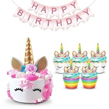 Unicorn Cake Cupcake Wrappers Toppers Banner Rainbow Party Supplies - £10.36 GBP