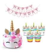 Unicorn Cake Cupcake Wrappers Toppers Banner Rainbow Party Supplies - £10.32 GBP
