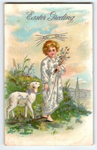 Easter Postcard Angel Child Lamb Silver Embossed Antique Vintage Greetings - £12.26 GBP