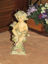 ANGEL - CHERUB FIGURINE sitting on pillar bird on 1 hand wire wings deli... - £20.15 GBP