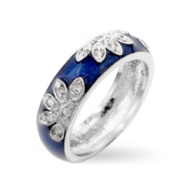 Silvertone Rhodium Plated Brass Blue Enamel and Cubic Zirconia Floral Ring - $30.00