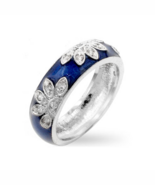 Silvertone Rhodium Plated Brass Blue Enamel and Cubic Zirconia Floral Ring - $42.08 CAD
