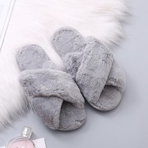 Ffy slippers women cozy faux fur cross indoor floor slides flat soft furry shoes ladies thumb200
