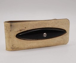 Metal Money Clip Gold Tone Mid Century Design Black Jeweled - £18.47 GBP