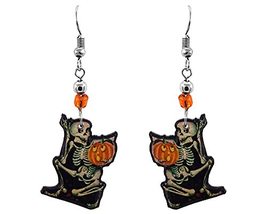 Skeleton Pumpkin Halloween Themed Graphic Dangle Earrings - Womens Fashion Handm - £9.53 GBP