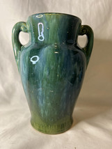 1930s Brush McCoy Pottery Onyx Green &amp; Blue Double Handle Vase 8.25” tall - $40.00