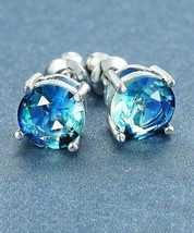 1.60 Round Lab Created Blue Topaz Solitaire Stud Earrings 14K White Gold Plated - £48.20 GBP