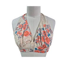 Vtg 70s Boho Halter Top 2 Button Adjustable Neck Tie Back Beige Orange F... - $42.77