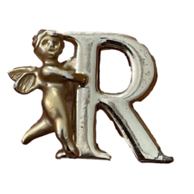 Luca Razza Gold Tone Angel Holding Letter R Brooch Pin Vintage - £9.53 GBP