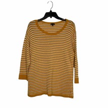 Talbots Open Knit Sweater Size XL Yellow White Striped 3/4 Sleeve Cotton Lyocell - £16.00 GBP