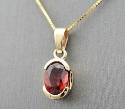3Ct Oval Cut  Red Garnet Solitaire Pendant 14K Yellow Gold Plated Free Chain - £109.45 GBP