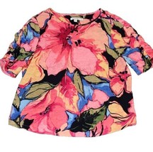 Chico&#39;s Women&#39;s Linen Floral Ruched Colorful Sleeve Tee Classic Size 2 (Large) - £17.82 GBP
