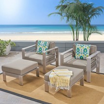 Emily Coral Outdoor Aluminum 2-Seater Club Chair Chat Set With Ottomans, Silver - £1,100.61 GBP