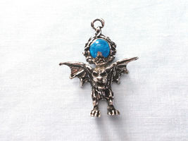 Xl Gargoyle Open Wings And Aqua Blue Orb Pewter Pendant Adj Necklace - £19.51 GBP