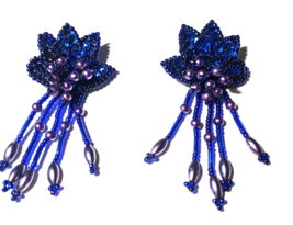 Vintage UNUSUAL Blue Leather and BEAD DANGLE Pierced Post Earrings - £10.21 GBP