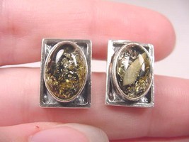 (PE40-K) oval Green Amber + .925 Sterling SILVER rectangle stud EARRINGS Jewelry - £35.73 GBP