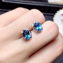 Natural Bule Topaz Stud Earring for Women 925 Silver JewelryvFemale Blue Sapphir - £7.22 GBP