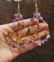 Protection Sun &amp; Moon Cat Dangle Earrings with Natural Amethyst, Witchy Earrings - £15.91 GBP