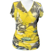 New York &amp; Company Size L Yellow Multi Color Floral Print Short Cap Sleeve Top - £23.97 GBP